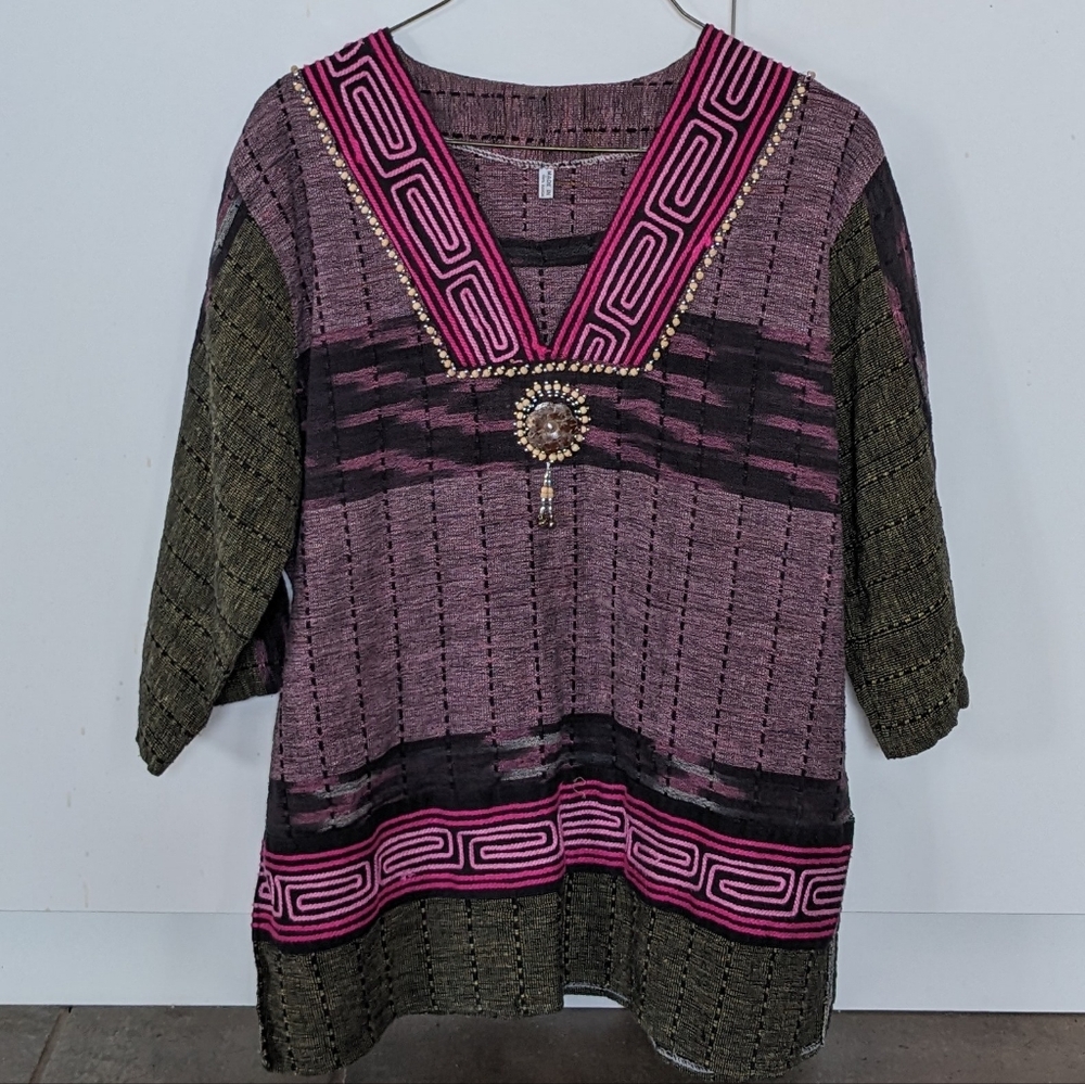 Made In Thailand Beaded Embellished Wearable Art Boho Whimsy Tunic Top Size M/L